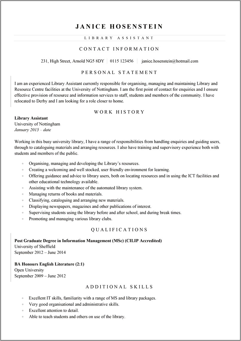 Sample Resume For Library Position