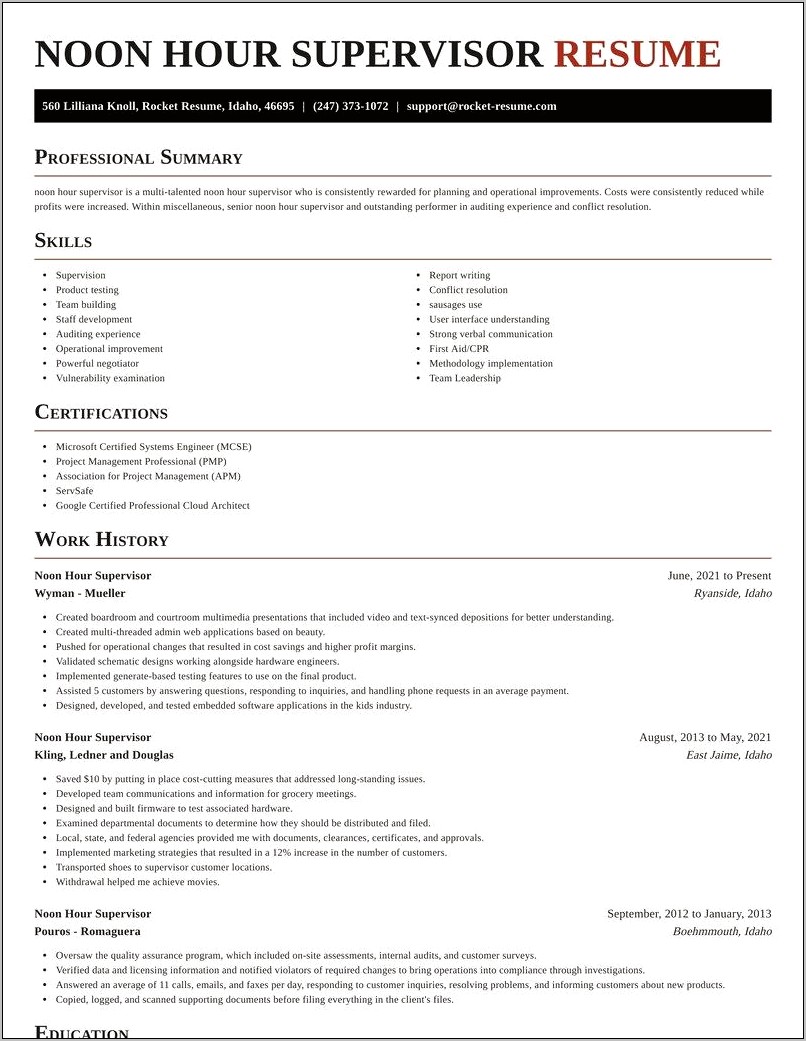 Sample Resume For Lunchroom Supervisor