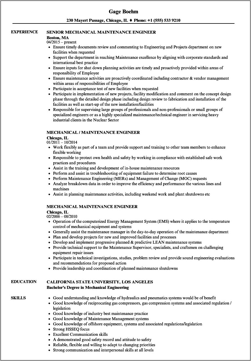 Sample Resume For Maintenance Work