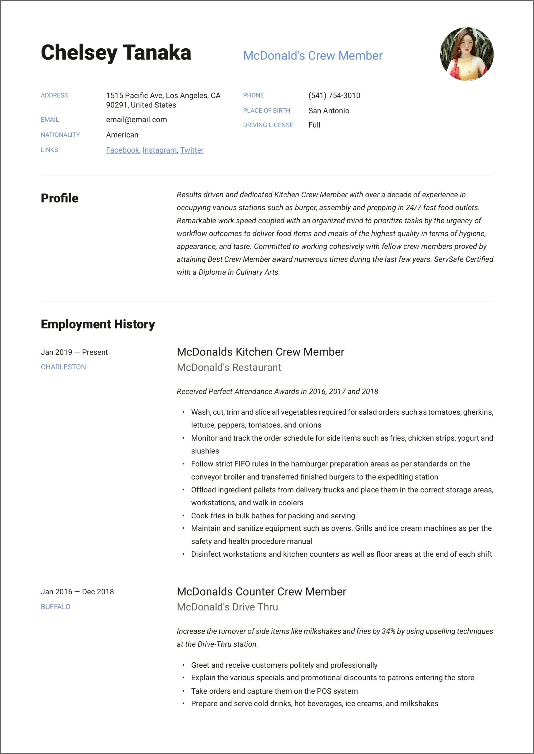 Sample Resume For Mcdonalds Cashier