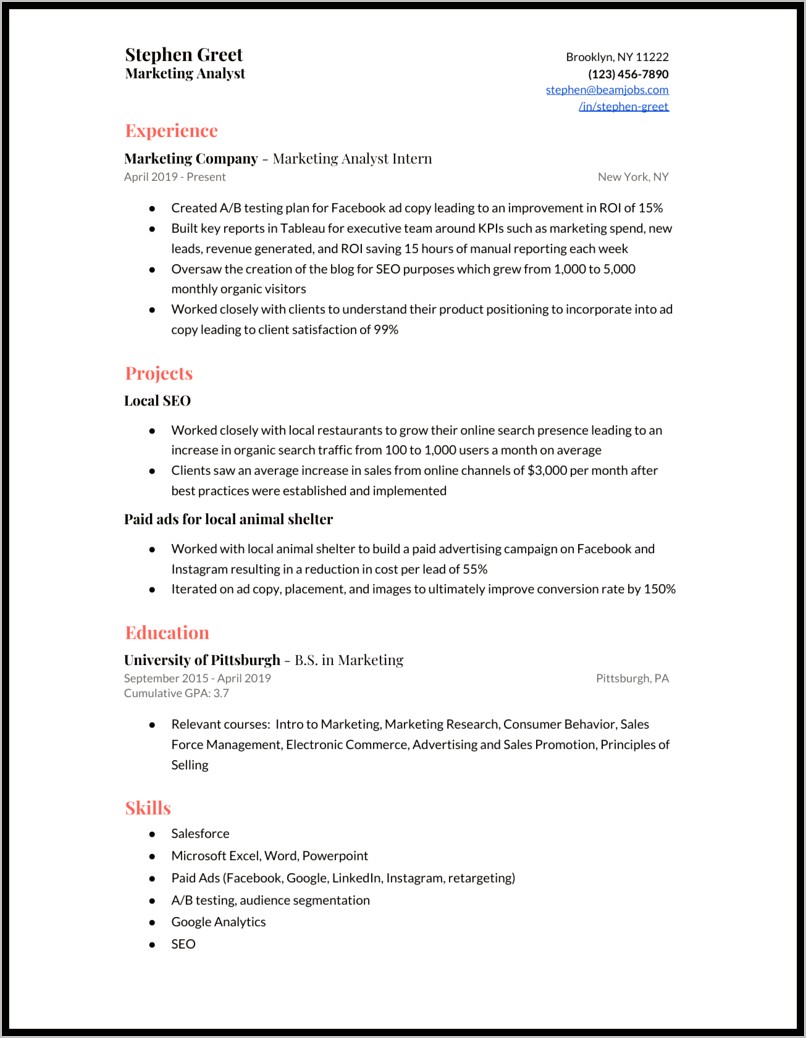 Sample Resume For Media Intership