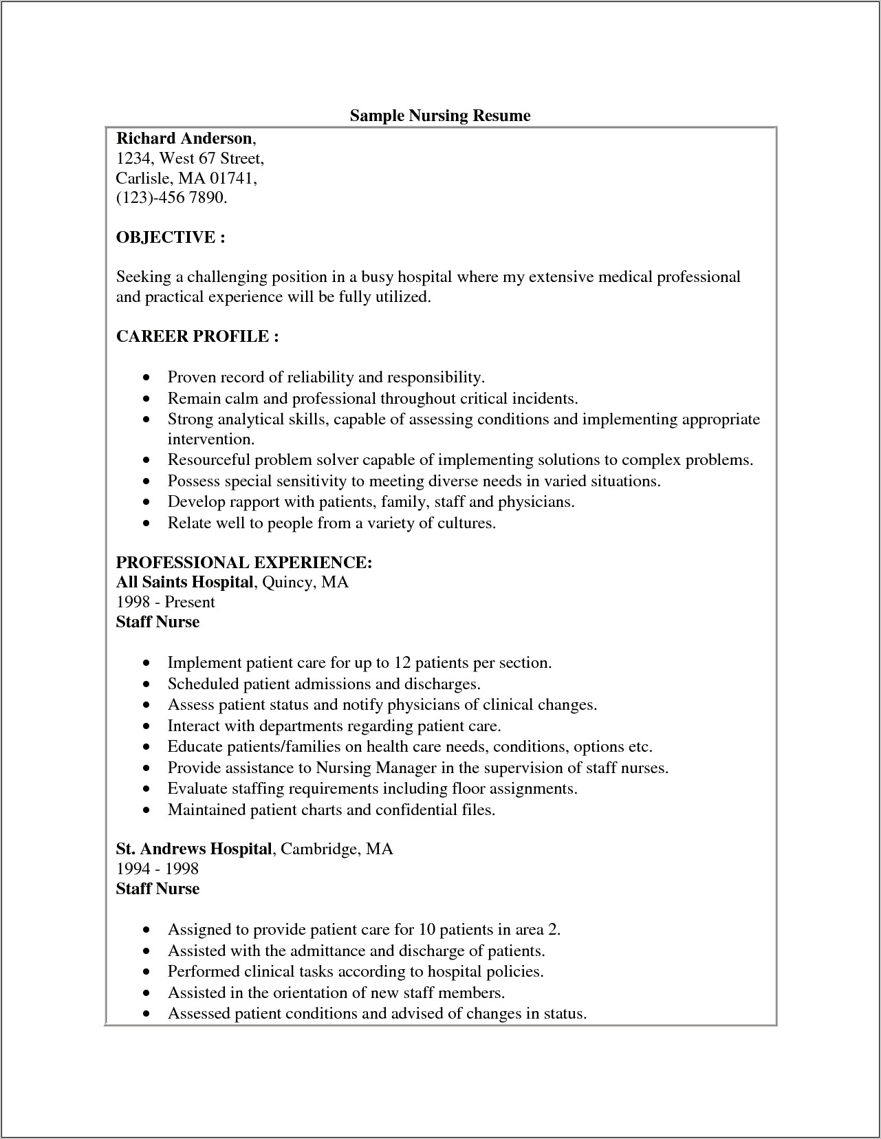 Sample Resume For Nursing Attendant