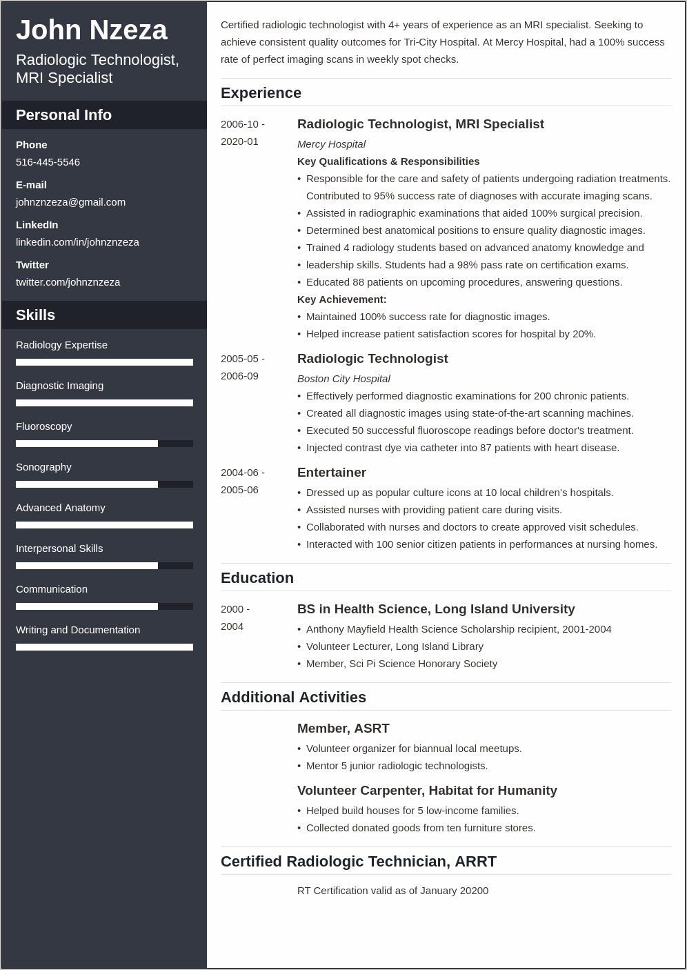 Sample Resume For Radiologic Technologist