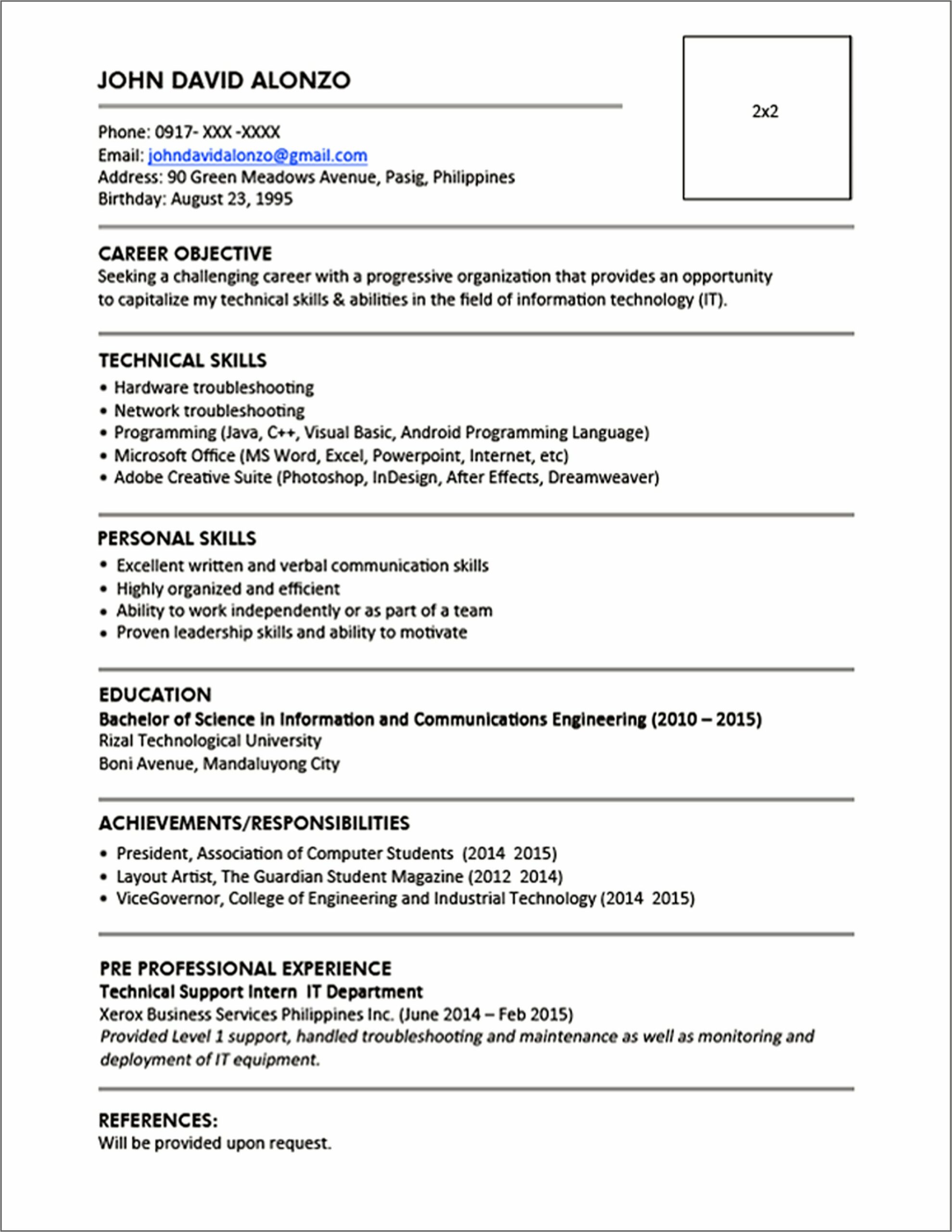 Sample Resume For Undergraduate Student