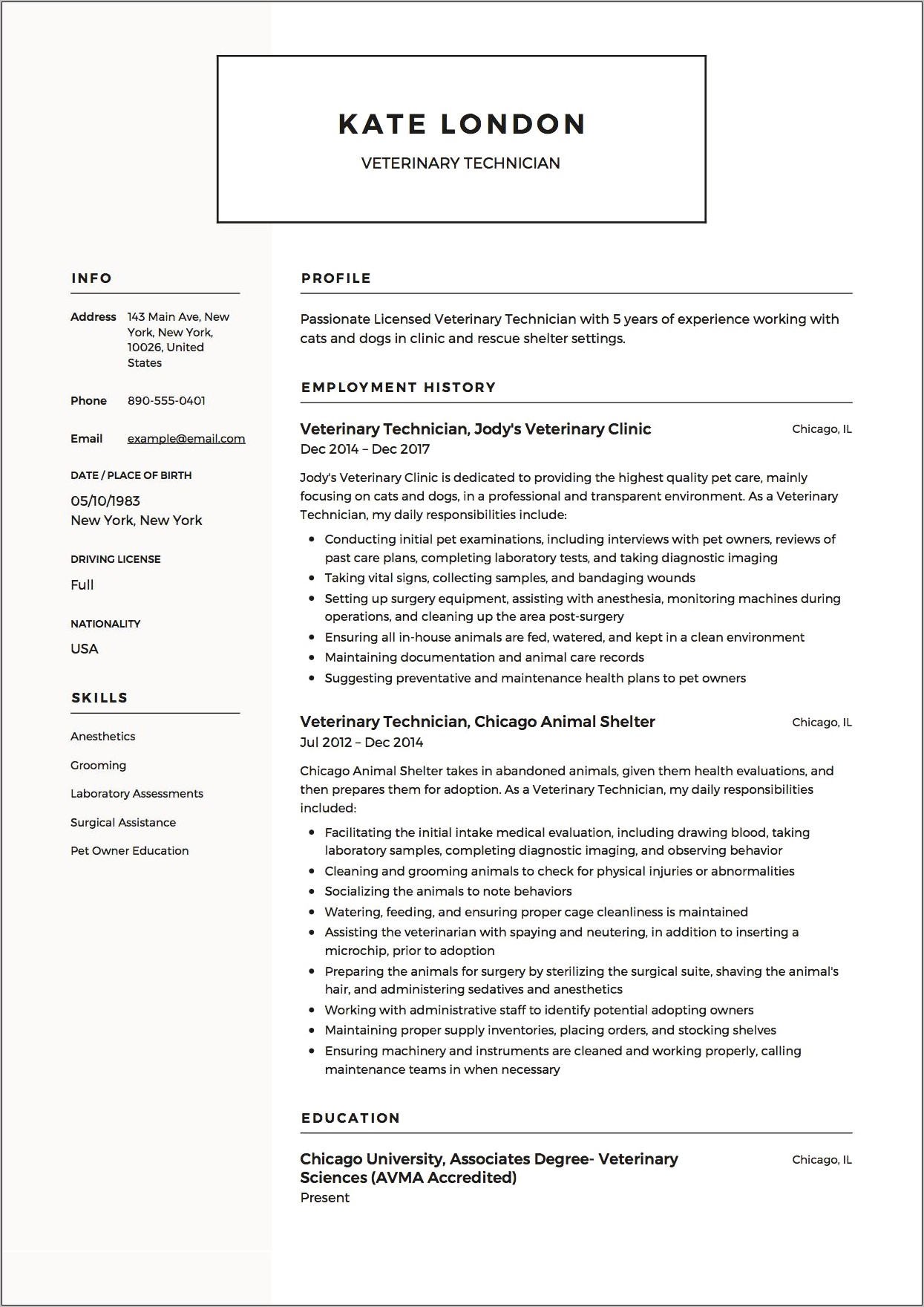 Sample Resume For Veterinary Student