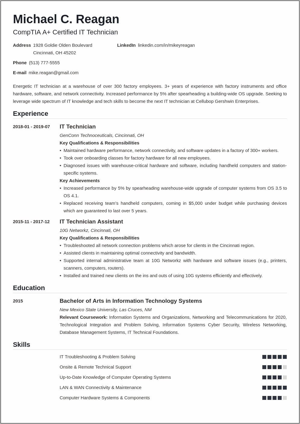 Sample Resume Information Technology Technician