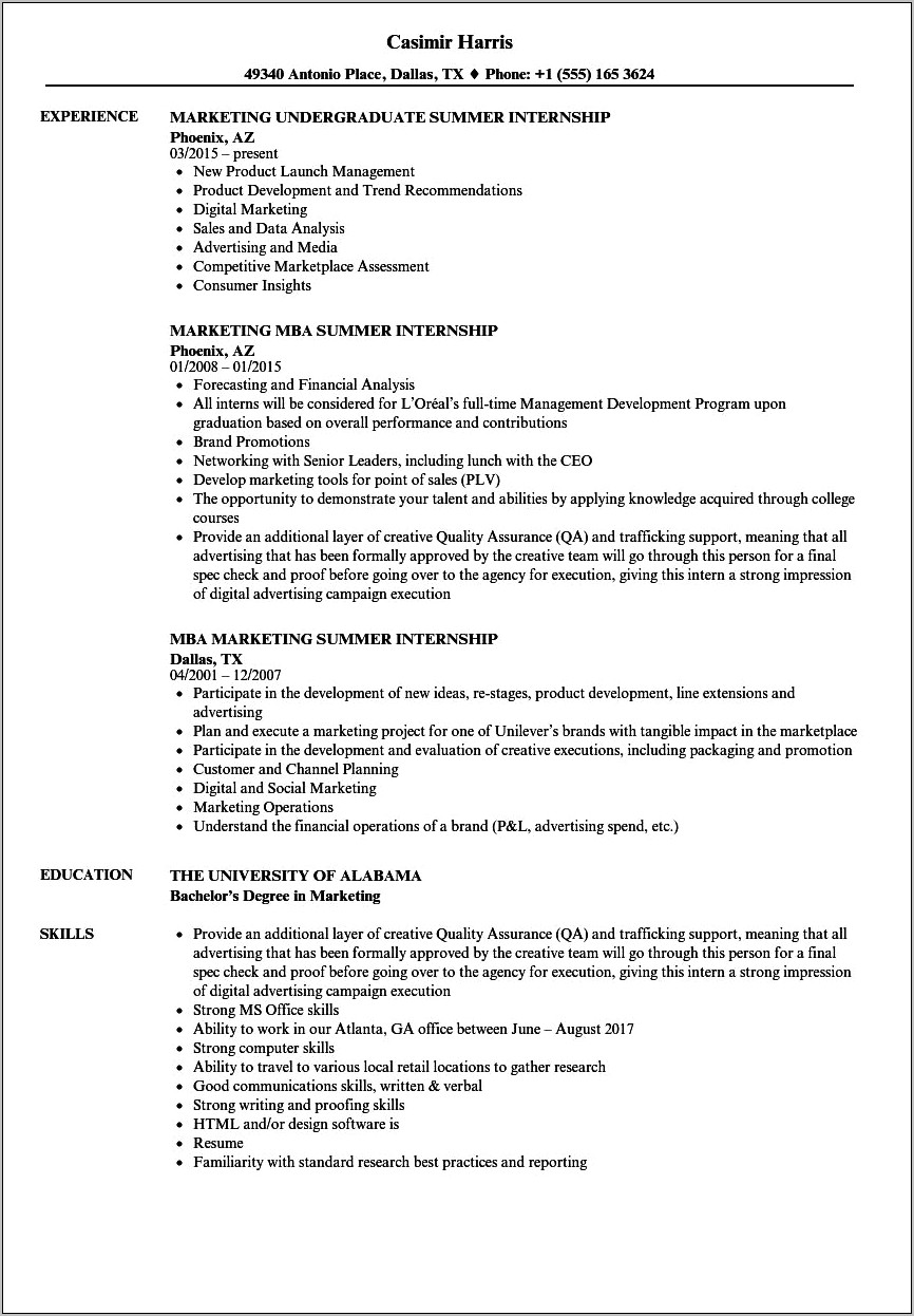 Sample Resume Internship College Students