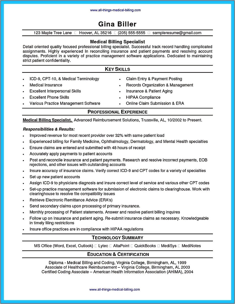 Sample Resume Medical Billing Supervisor