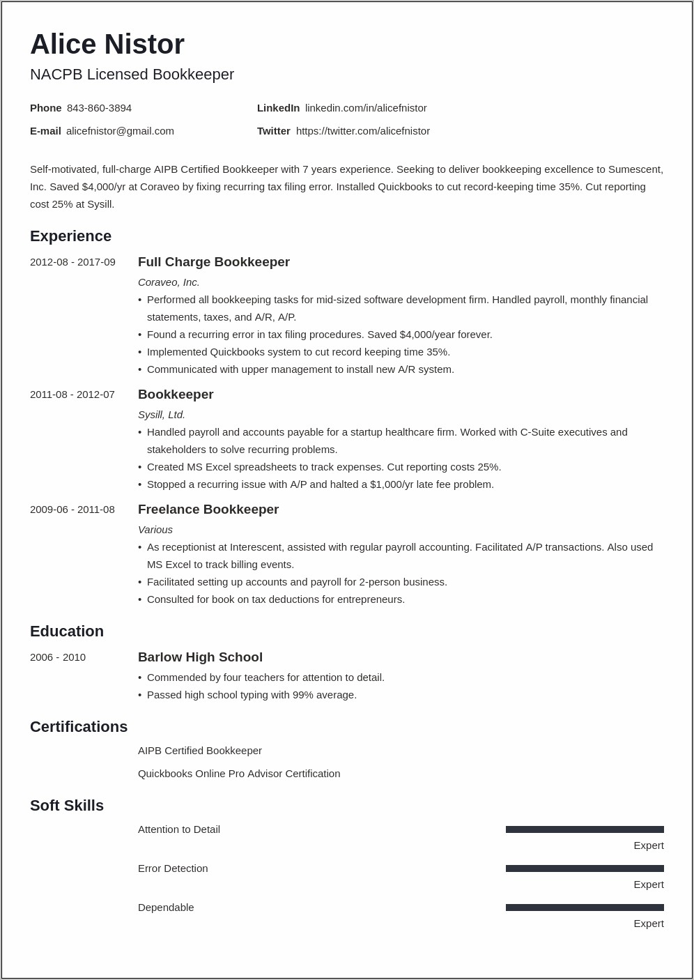 Sample Resume Objective For Bookkeeper