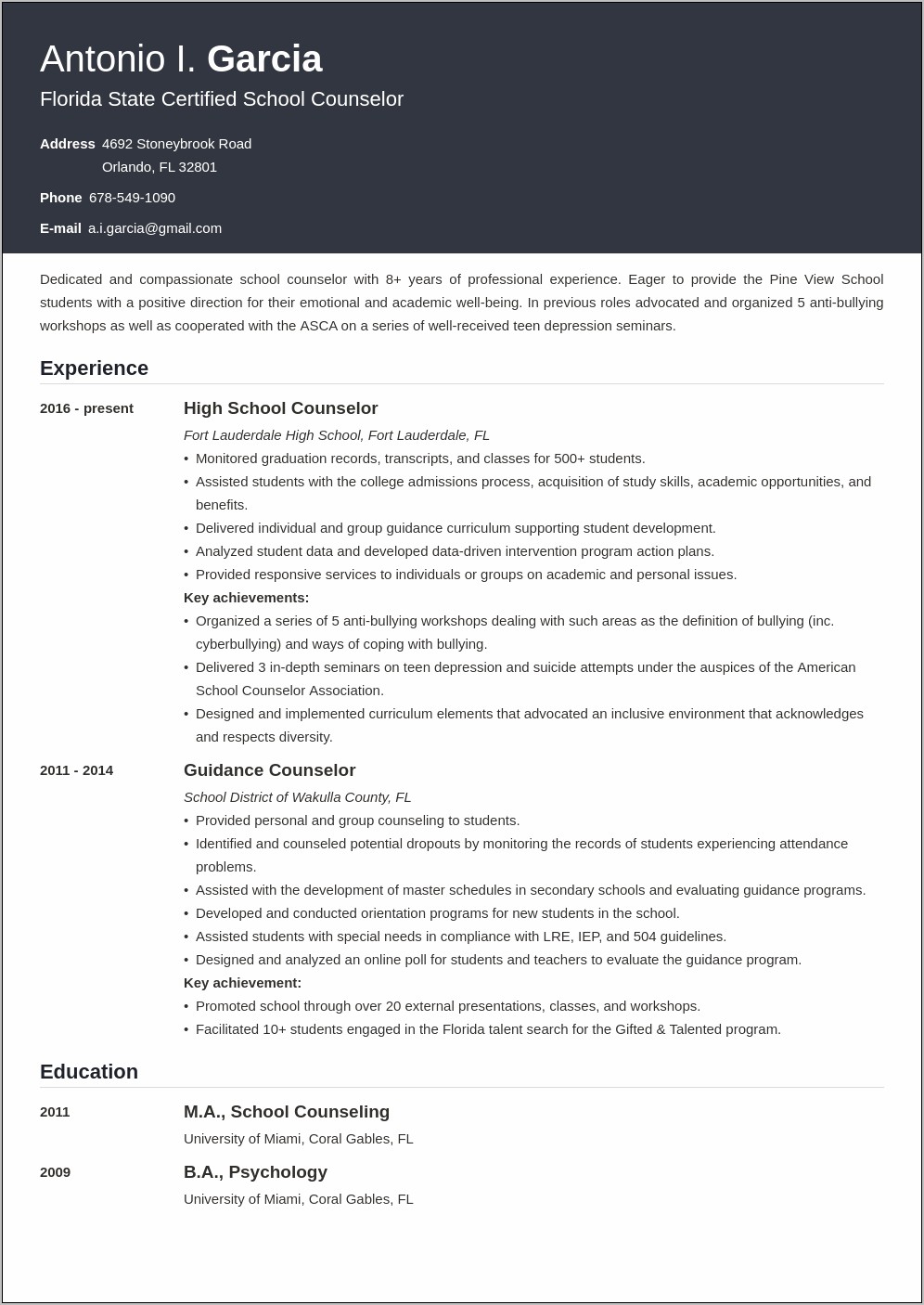 Sample Resume Of School Counselor