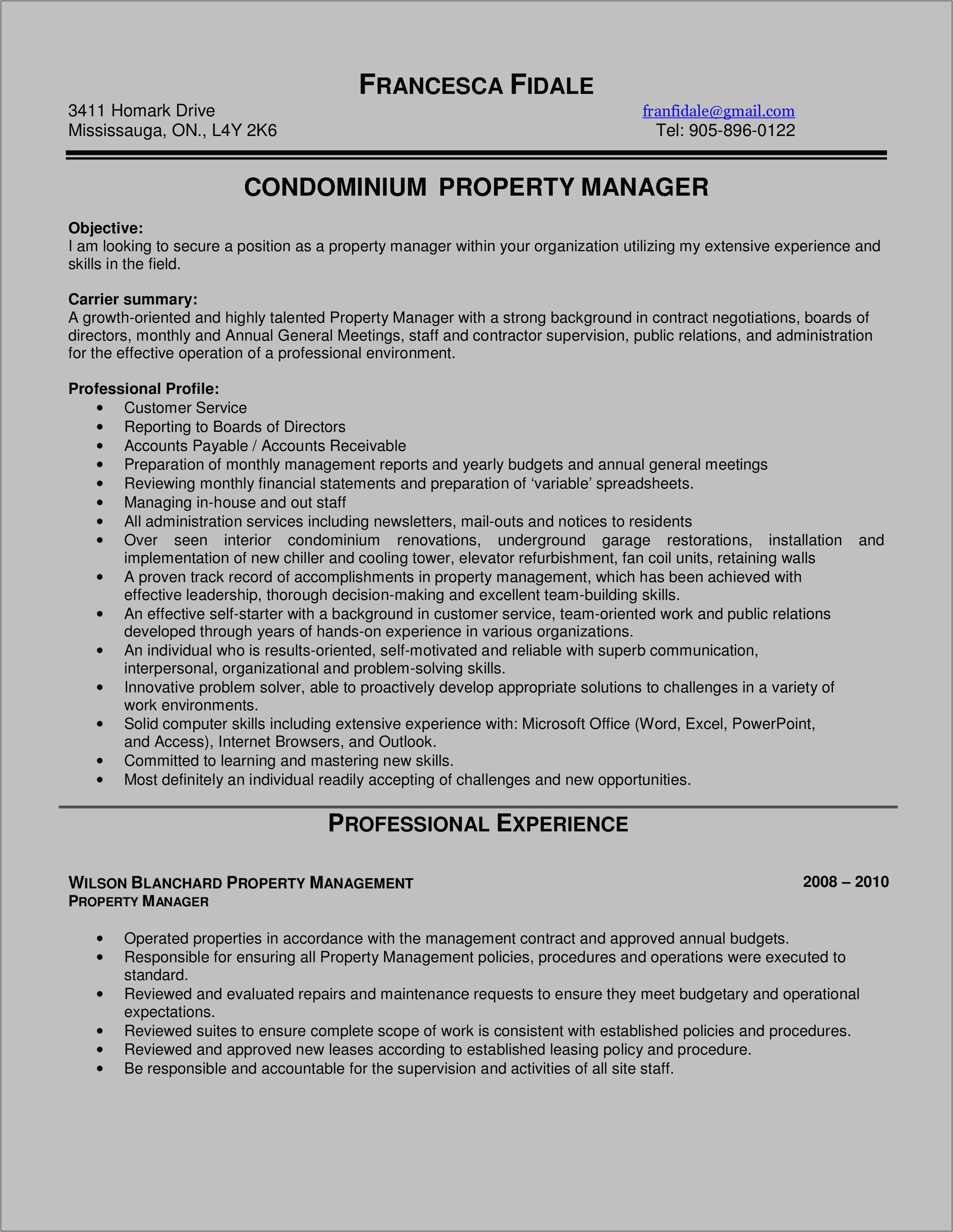 Sample Resume Property Management Position