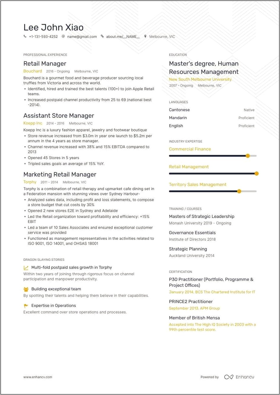Sample Resume Retail Supervisor Position