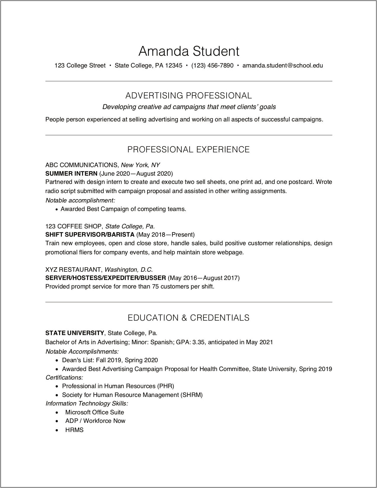 Sample Resume Some College Experience