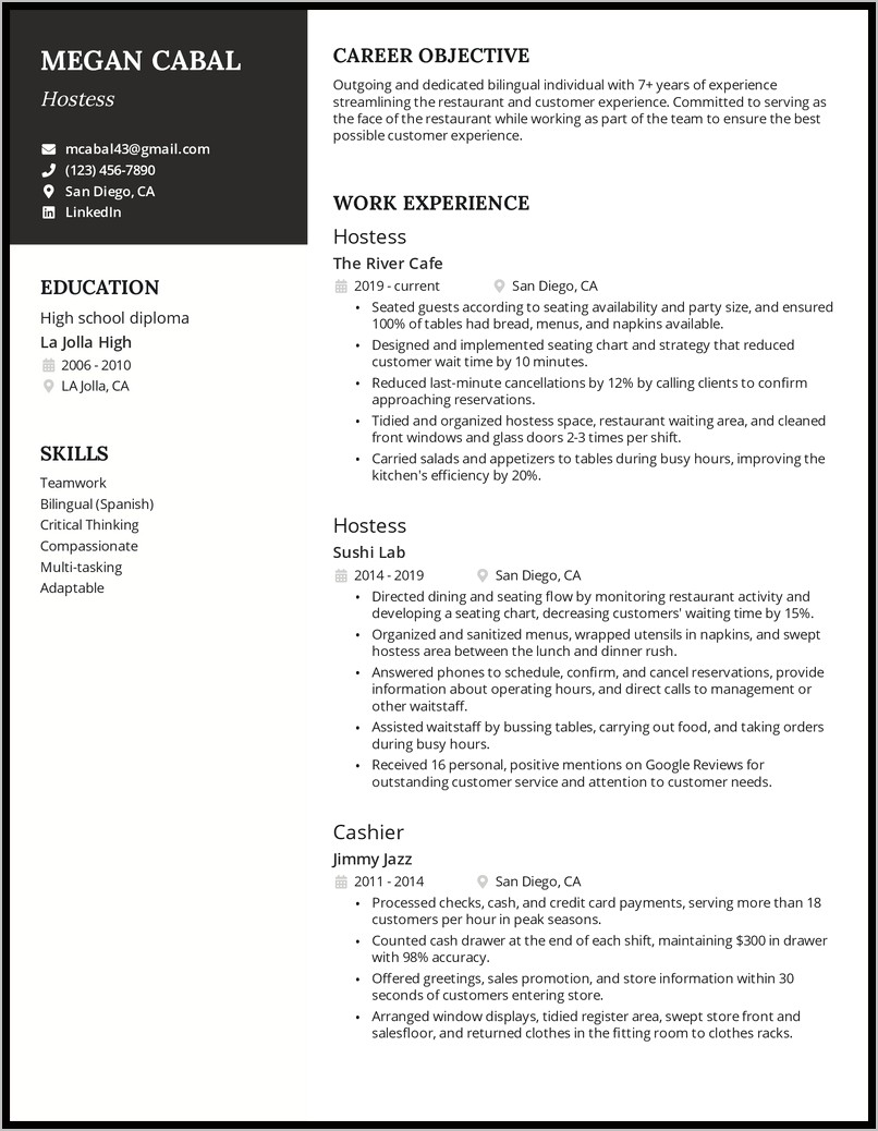 Sample Resume Summary For Hostess
