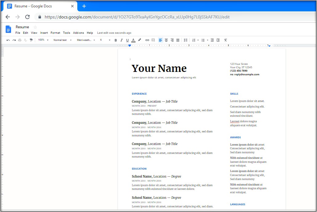 Sample Resume Using Google Doc