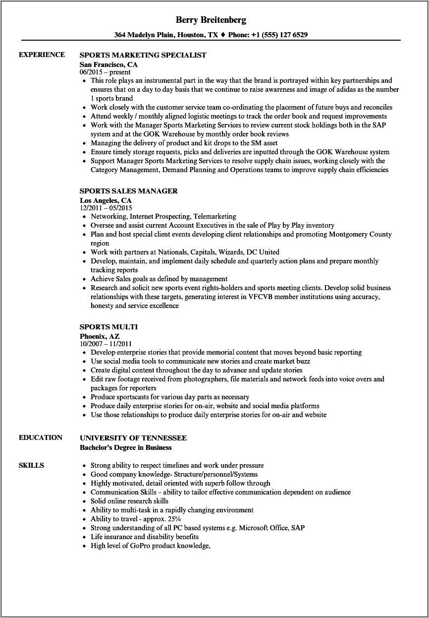Sample Resume With Athletics Included