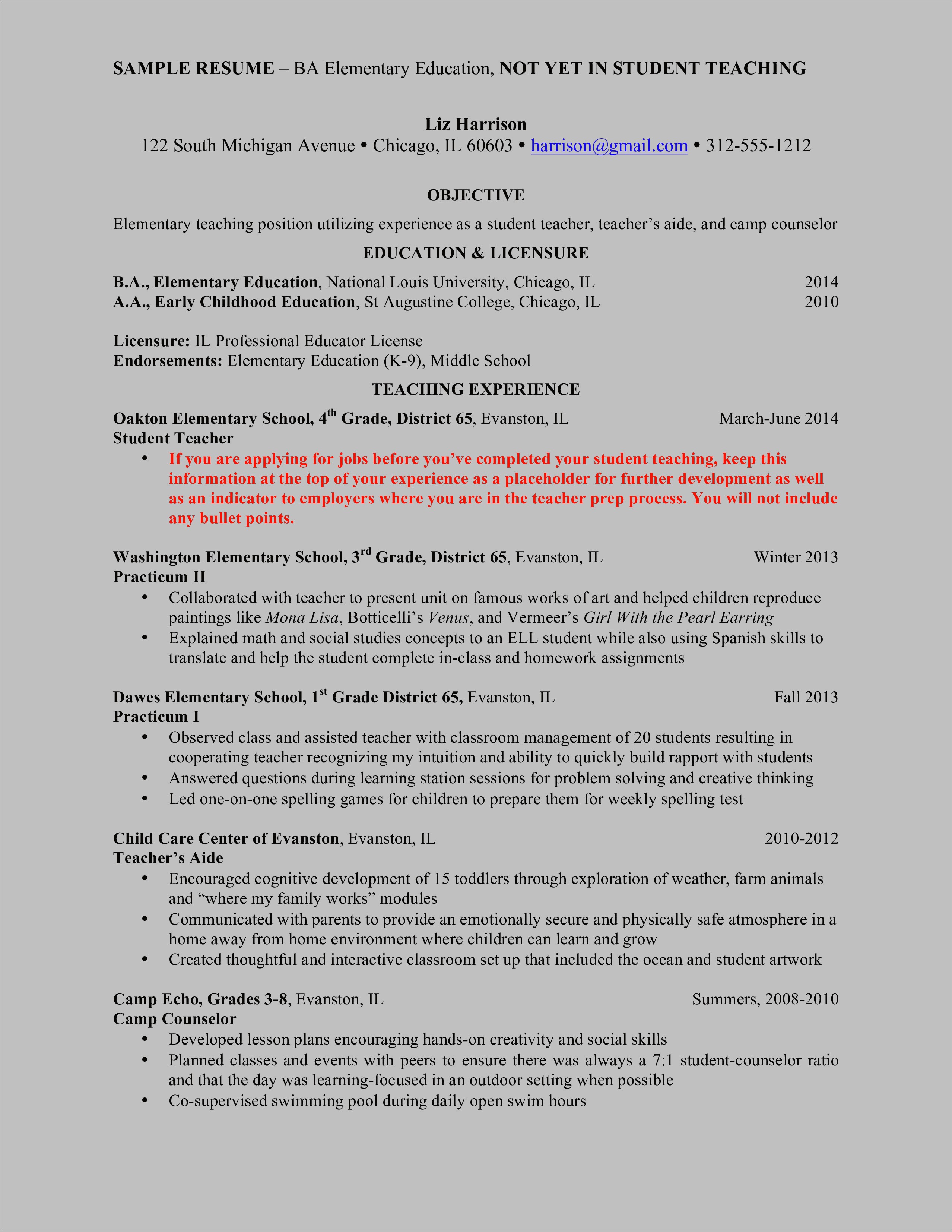 Sample Resume With Practicum Experience