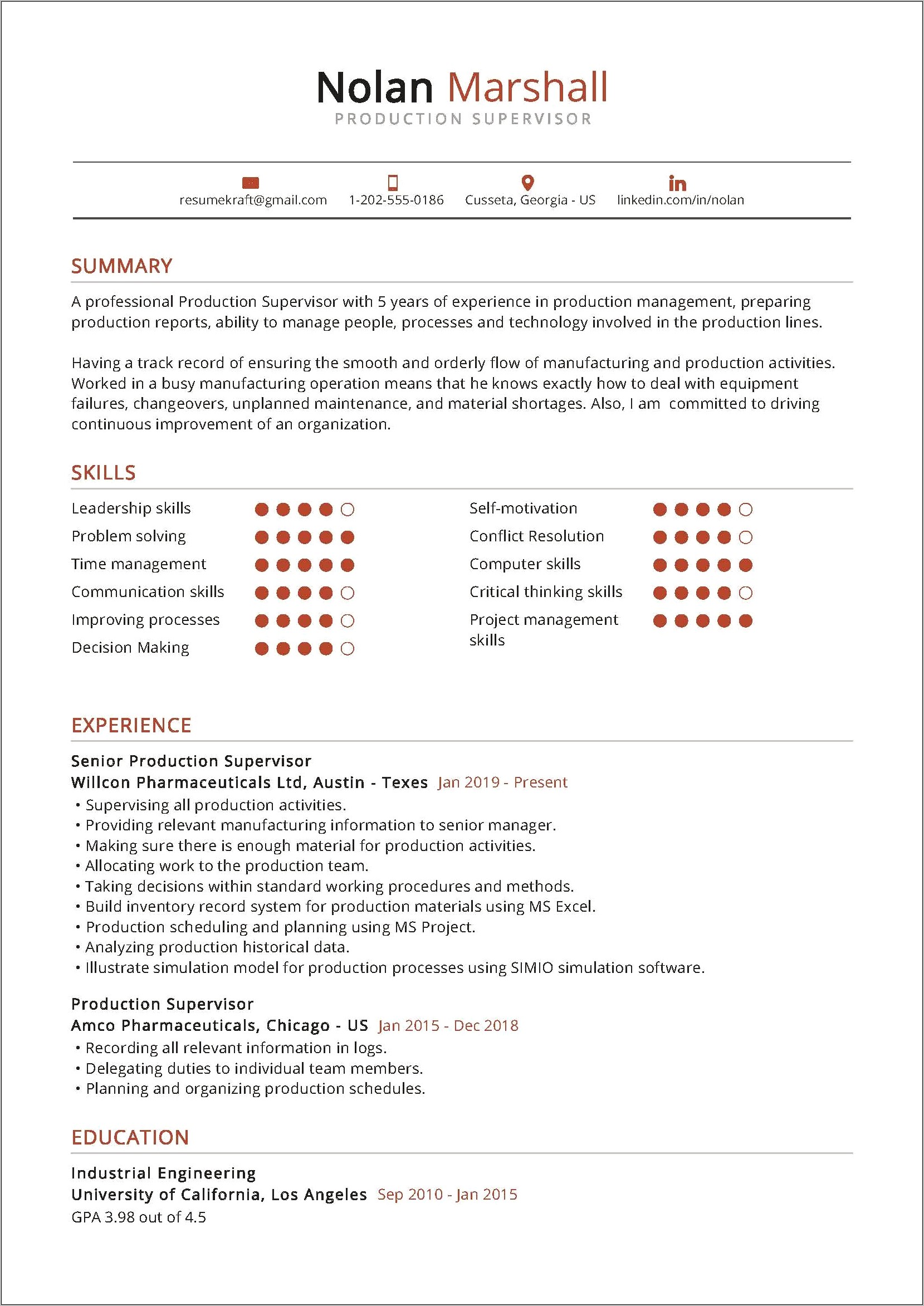 Sample Resume With Supervisor Experience
