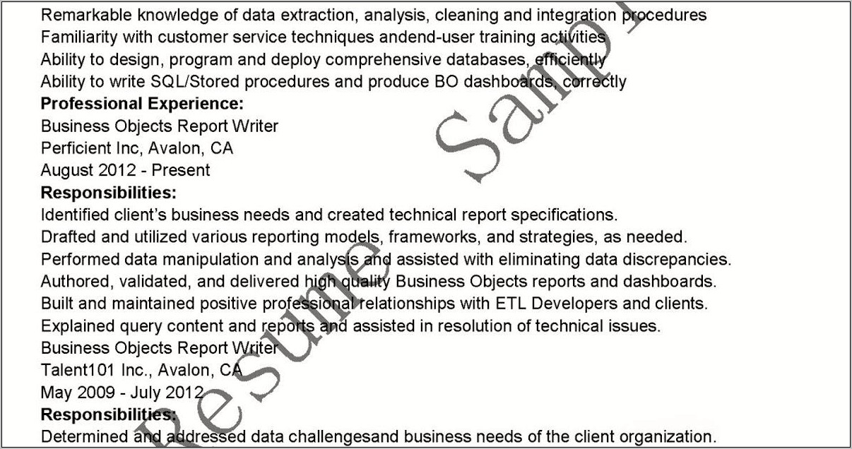 Sap Business Objects Resume Sample