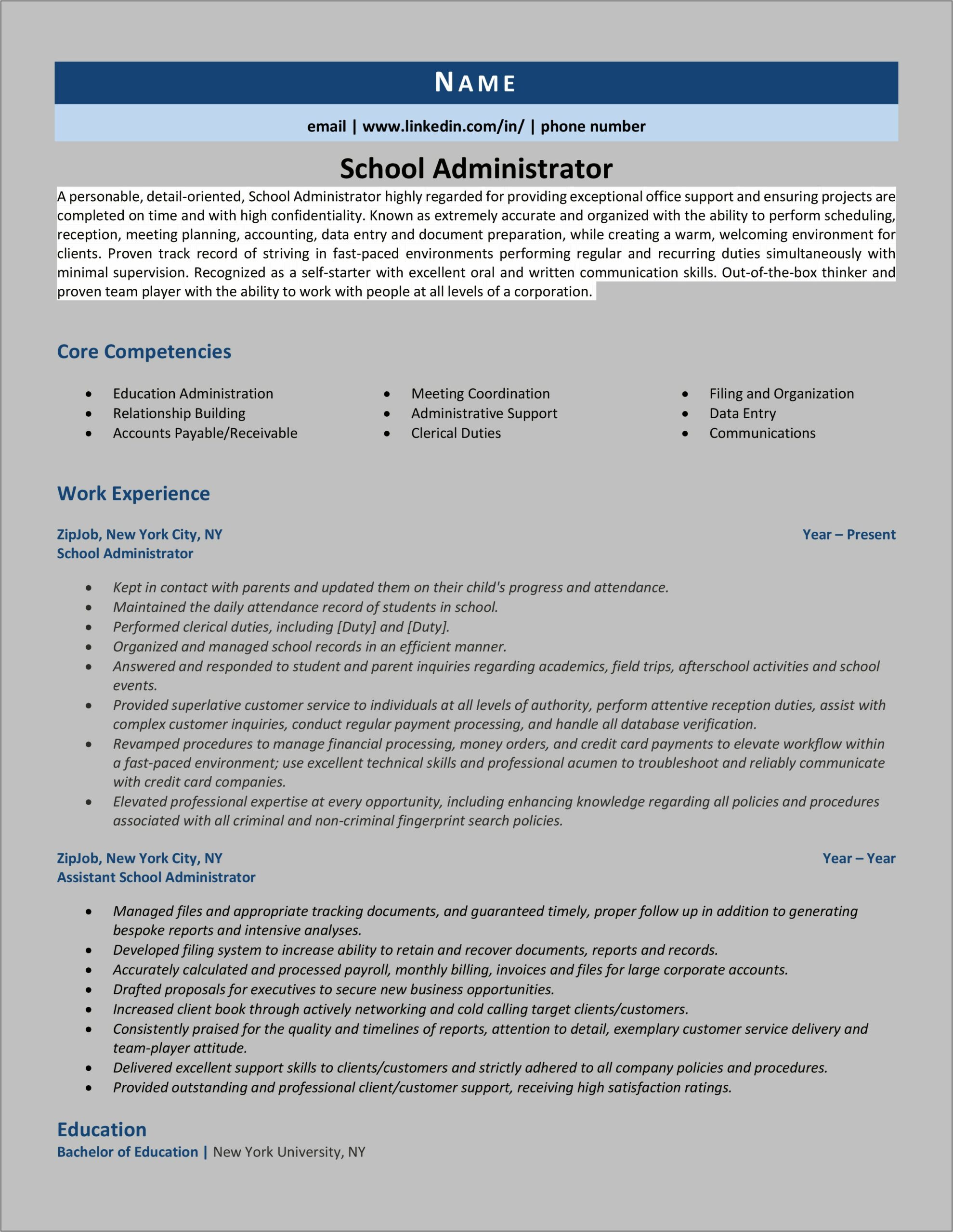 School Administrator Job Description Resume