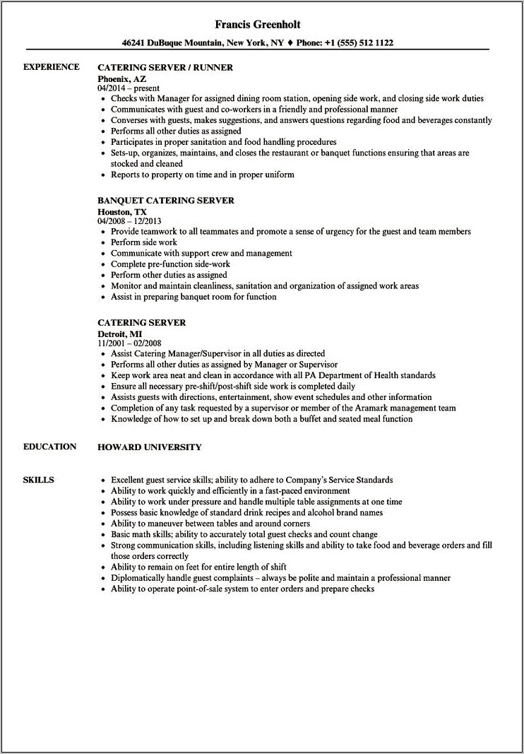 Server Job Description Resume Example