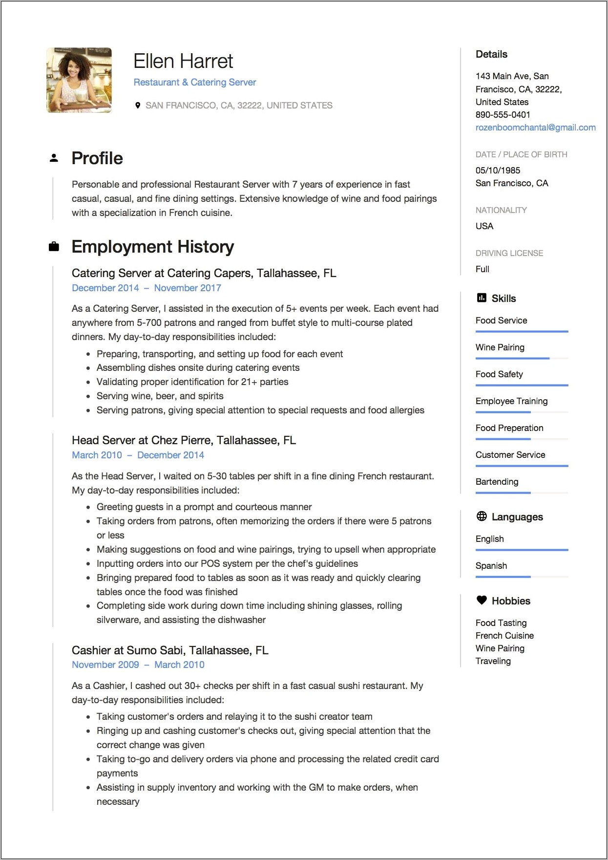 Server Resume Examples Job Description