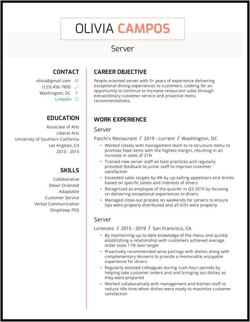 Server Resume Highlighting Communication Skills