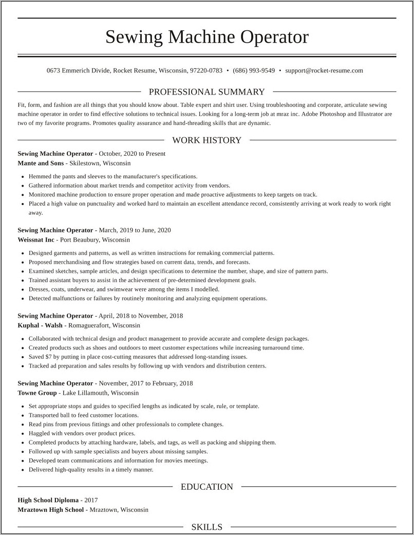 Sewing Job Description For Resume