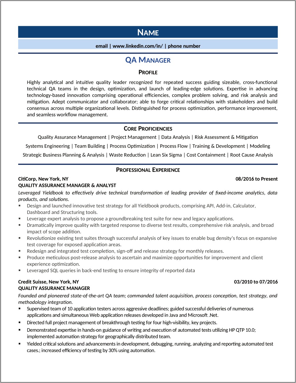 Six Sigma Project Manager Resume