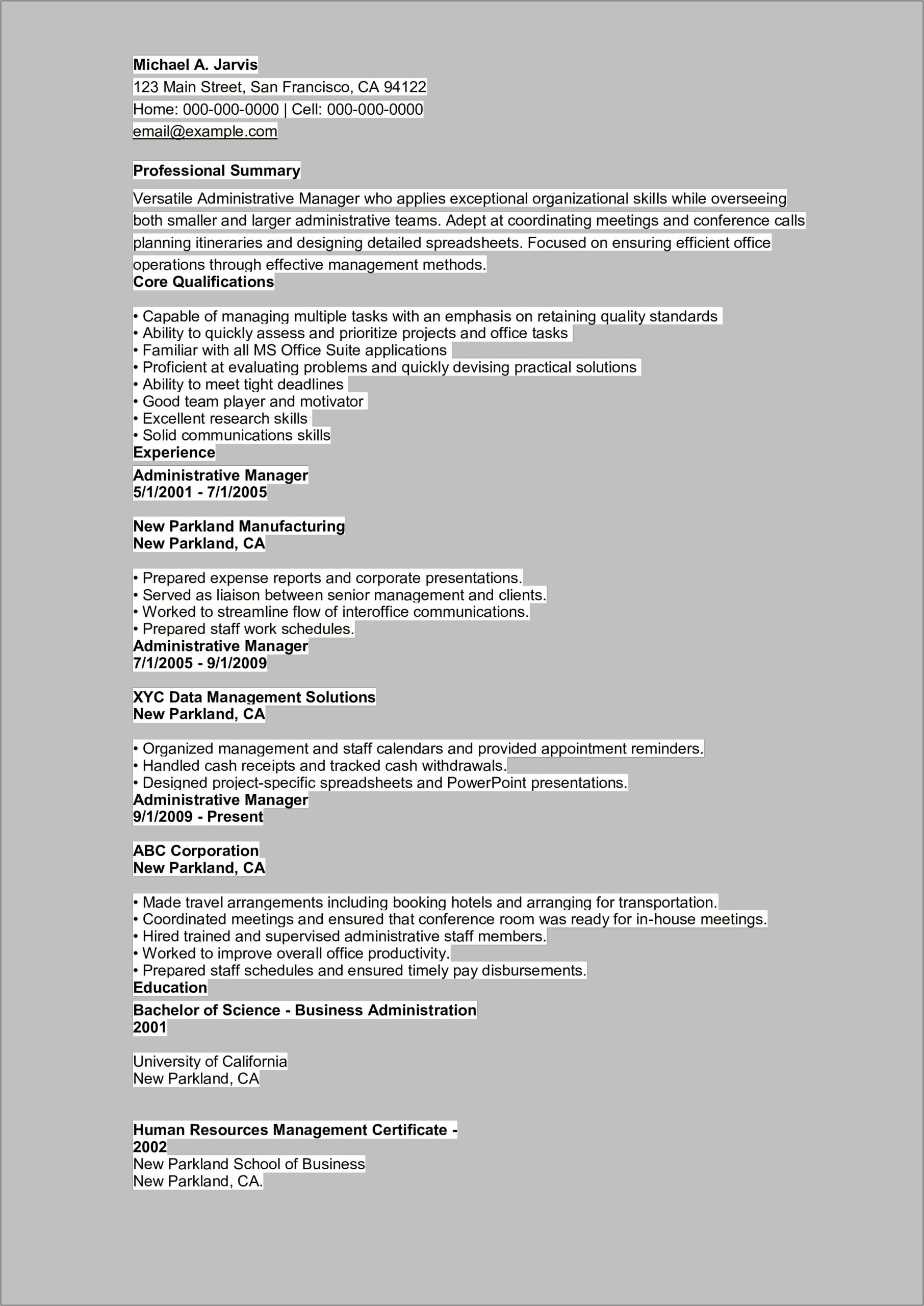Skills For Administrative Manager Resume