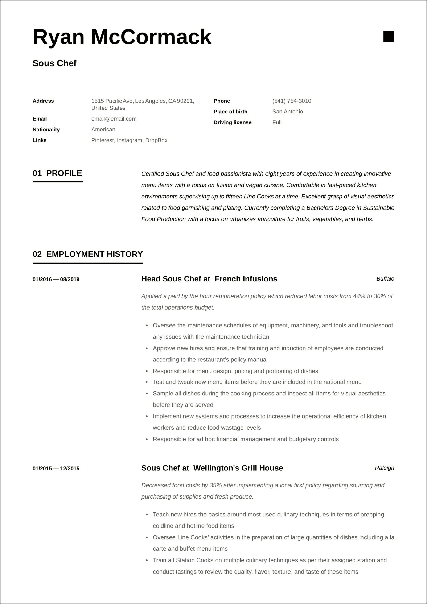 Sous Chef Chef Resume Sample