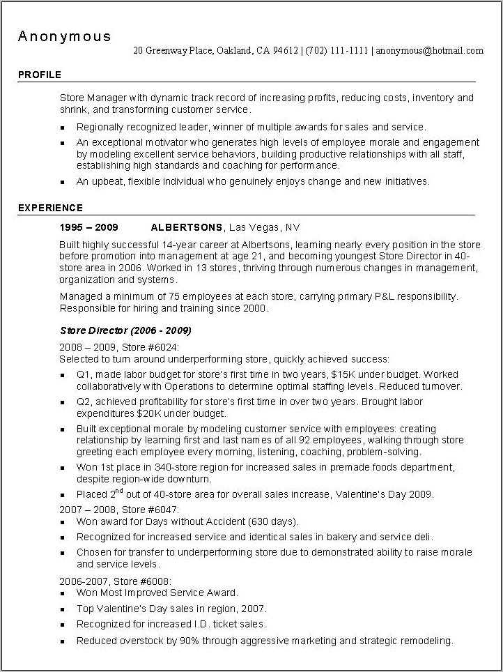 Store Cafe Manager Resume Examples