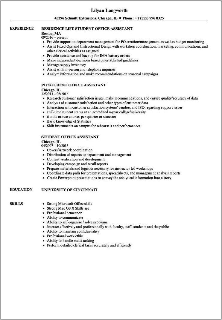 Student Assistant Job Description Resume