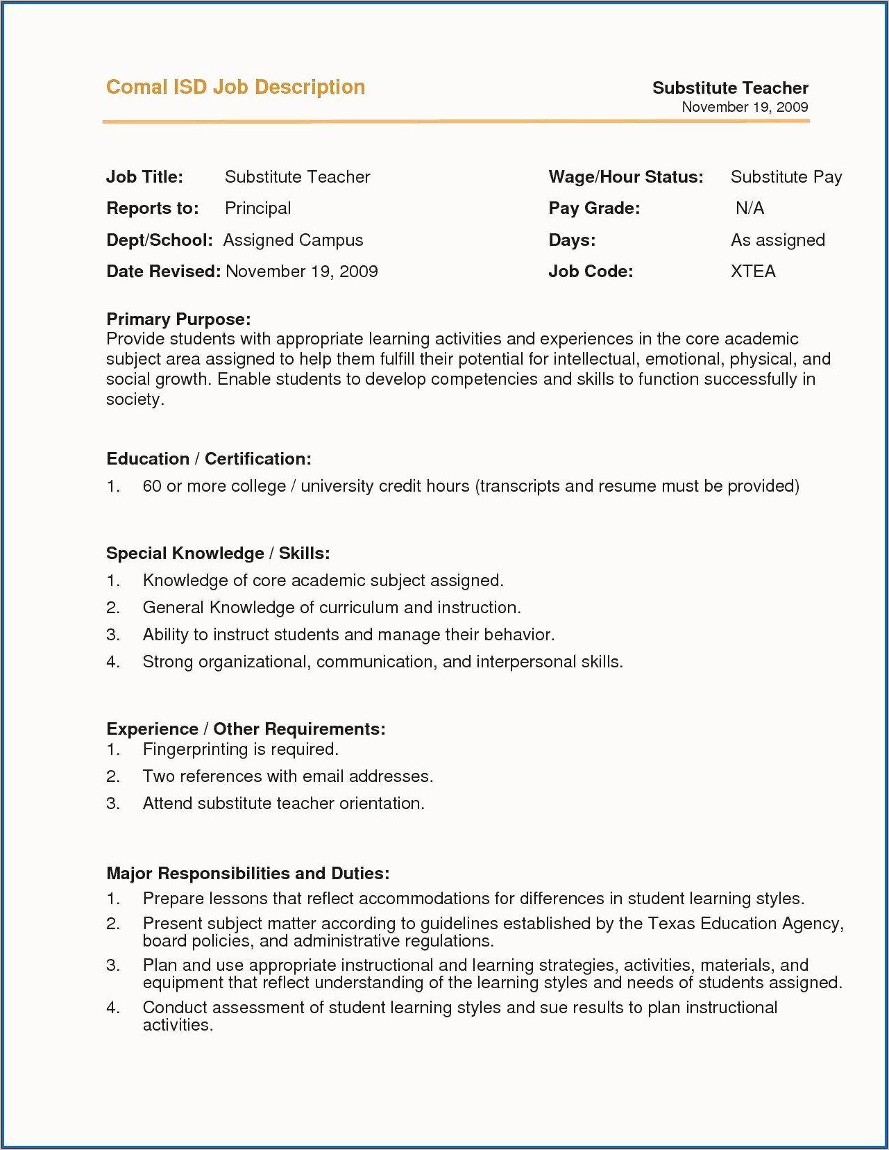 Substitute Job Description For Resume