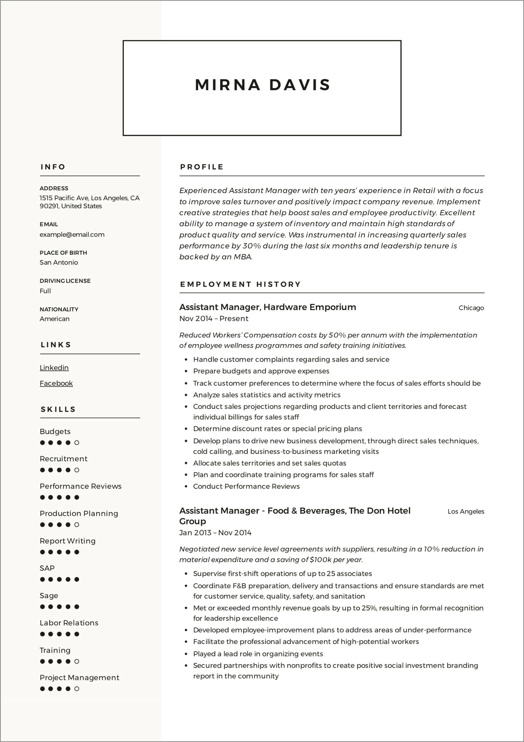 Supermarket Store Manager Resume Example
