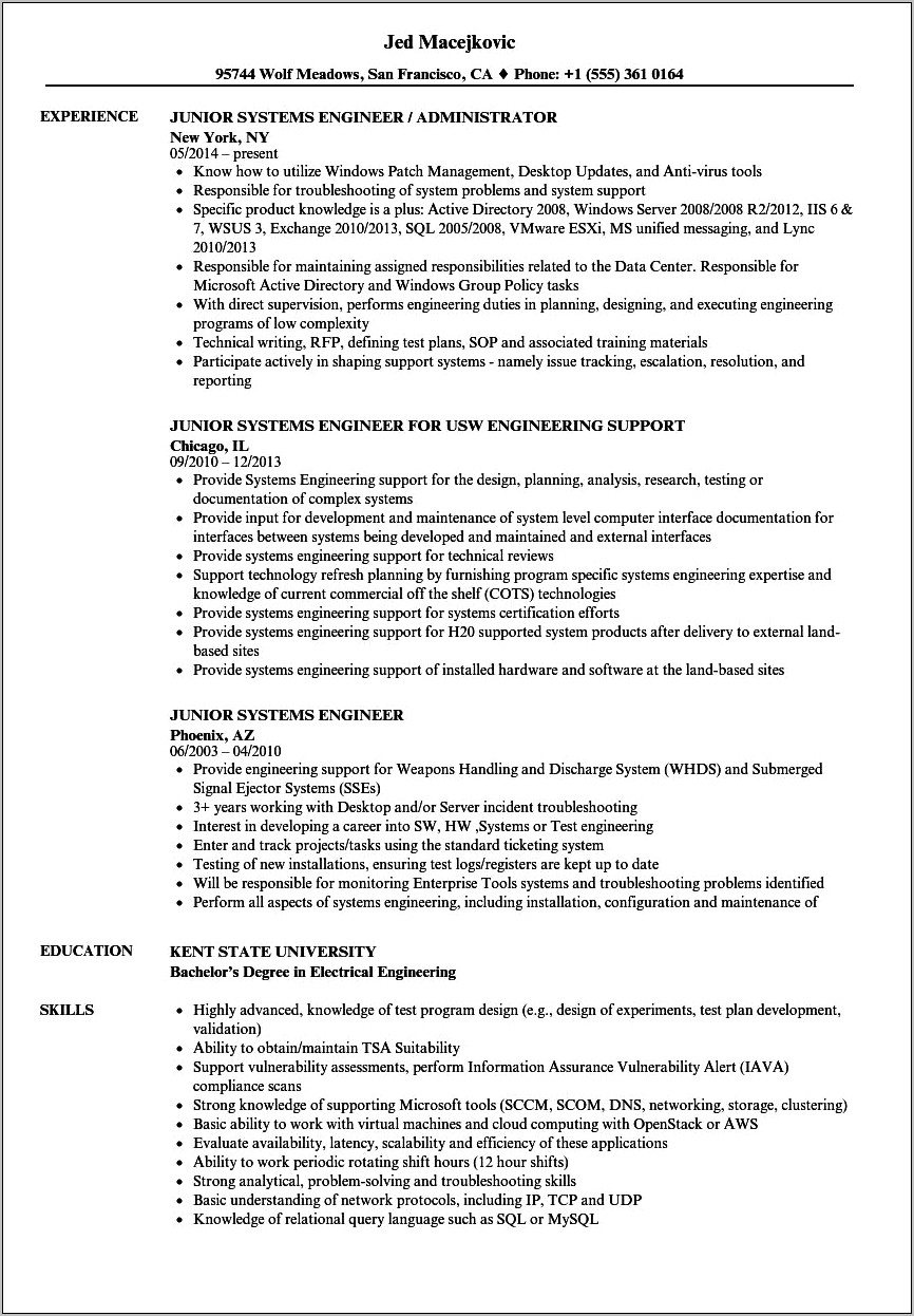 Systems Engineering Job Description Resume