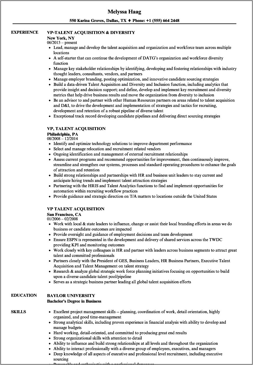 Talent Acquisiton Manager Resume Sample