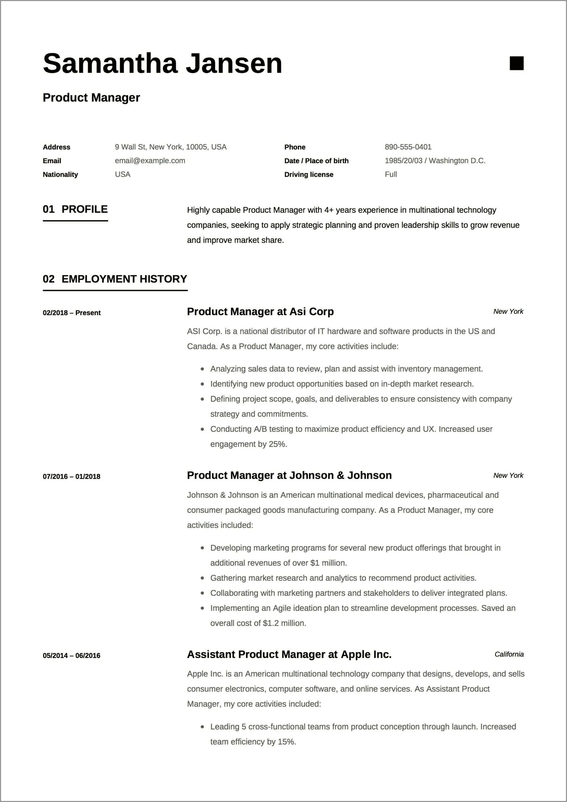 Technical Product Manager Sample Resume