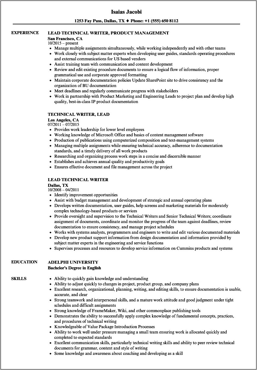 Technical Writer Resume Examples 2017