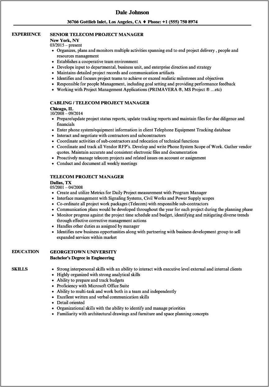 Telecom Project Mananager Resume Sample