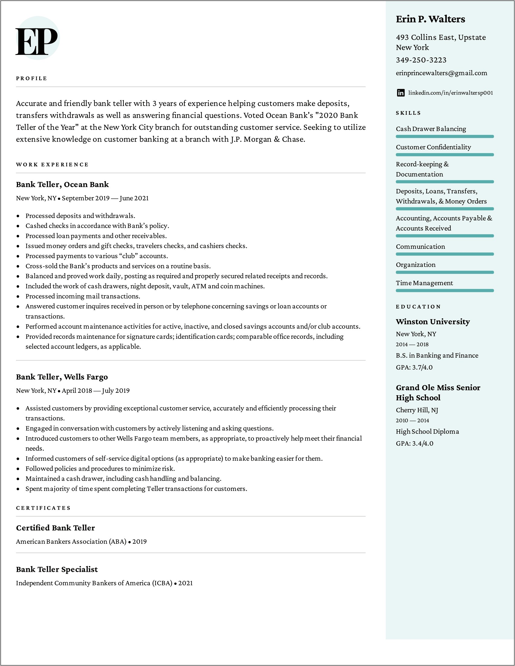 Teller Manager Job Description Resume