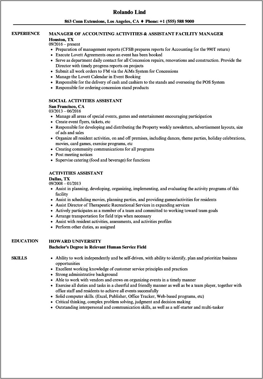 Therapeutic Recreation Assistant Resume Samples