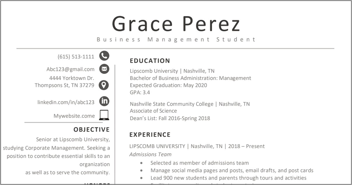 Transfer Student Resume Example Ucf