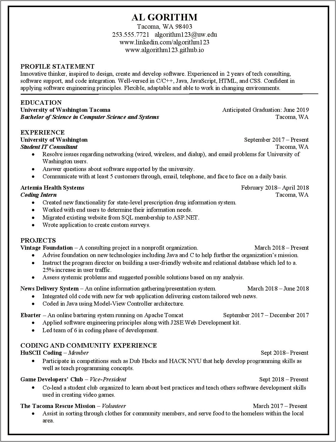 U Of A Resume Example