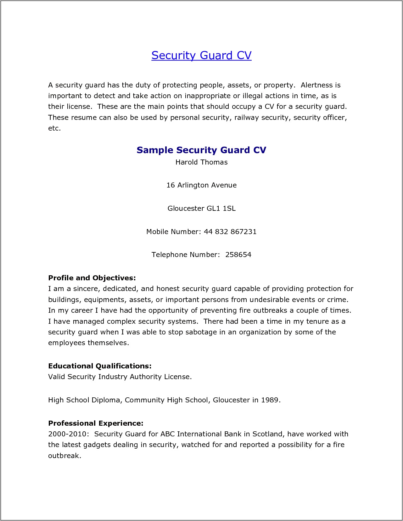 Unarmed Security License Resume Sample