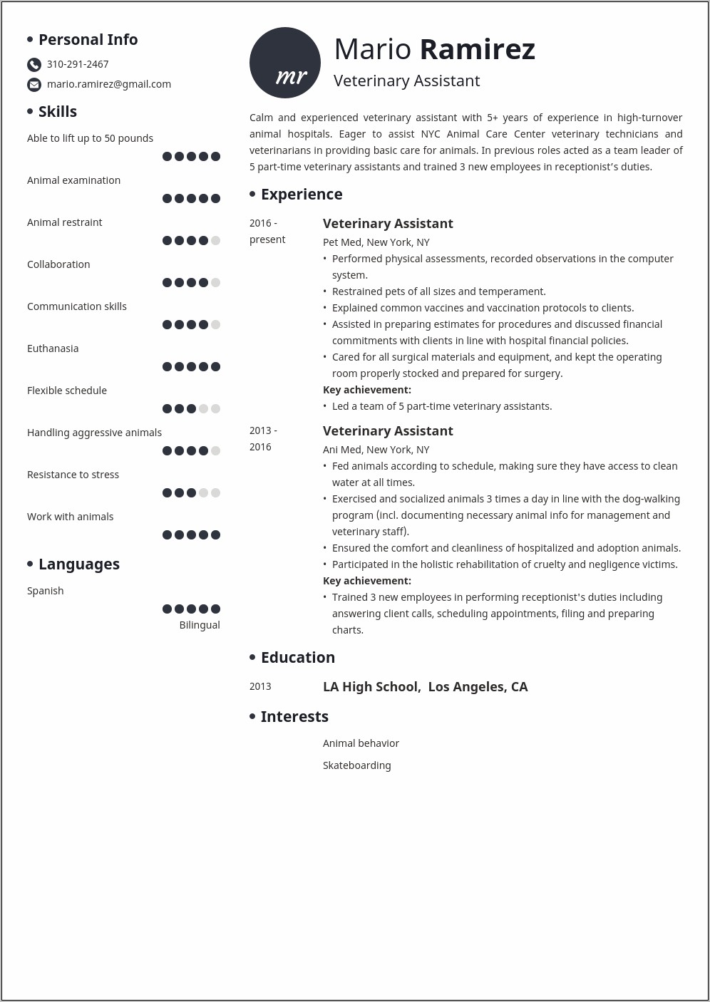 Veterinary Assistant Resume Summary Examples