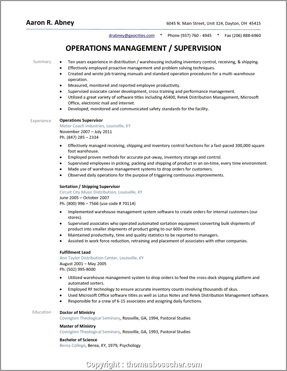 Ware House Supervisor Sample Resume