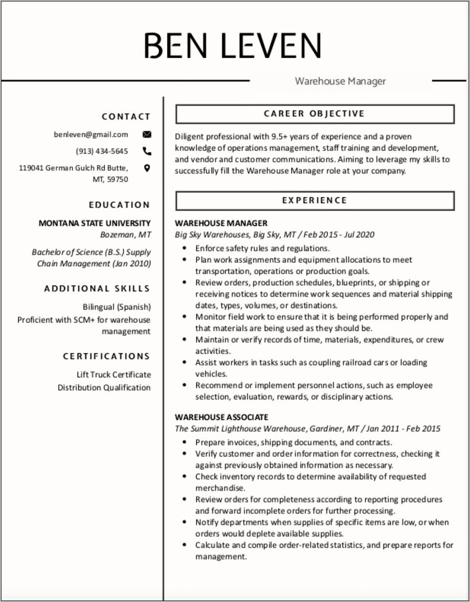 Warehouse And Inventory Manager Resume