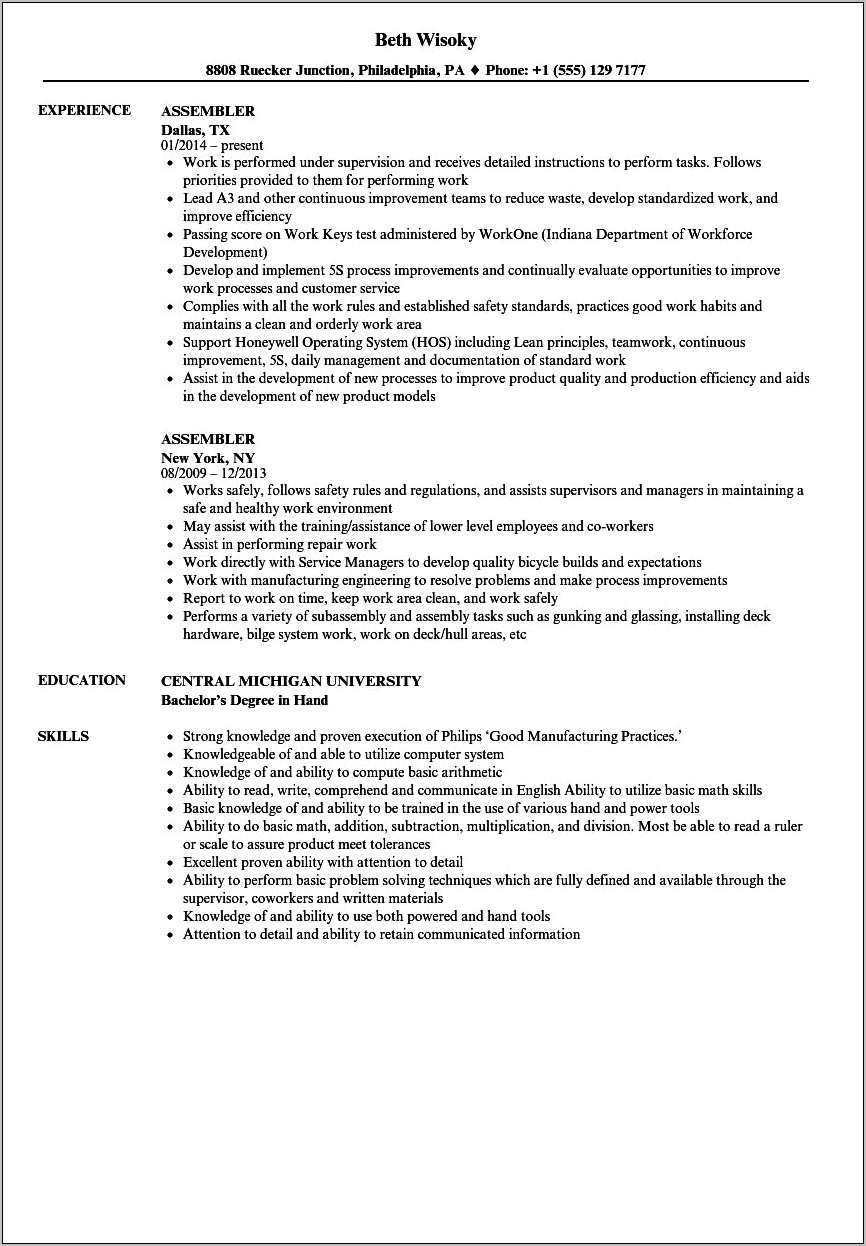 Warehouse Assembler Job Description Resume