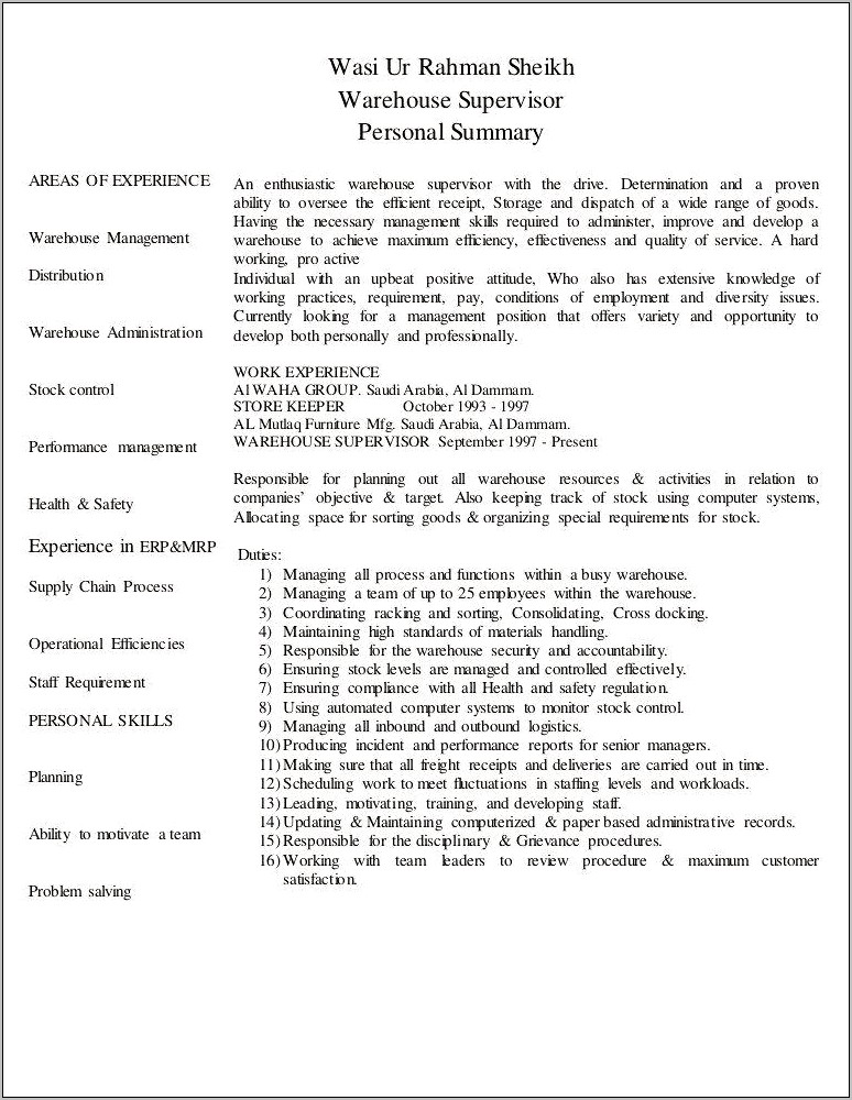 Warehouse Resume Summary Of Skills